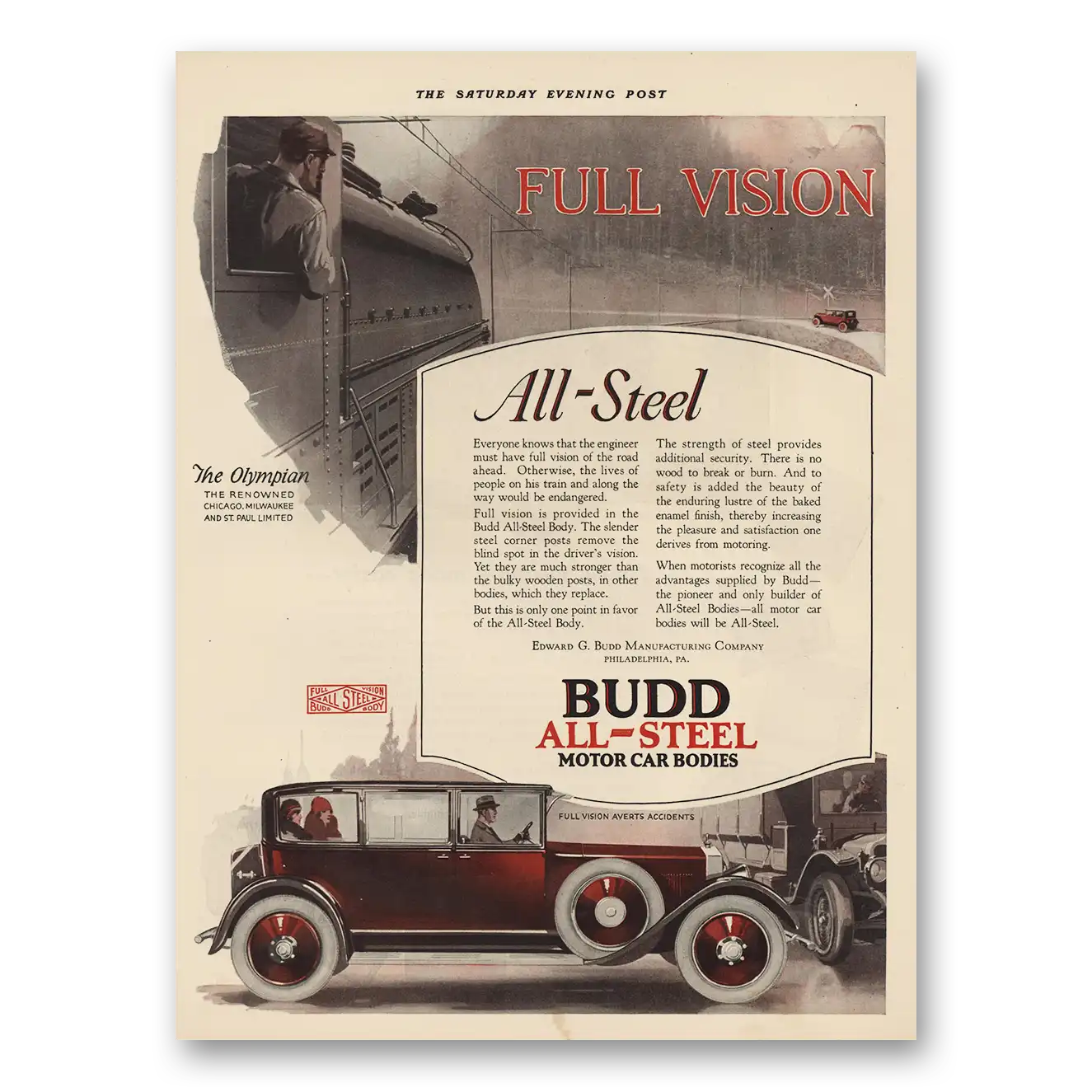 1925 Budd All Steel Motor Car Bodies Full Vision All Steel Vintage Magazine Print Ad