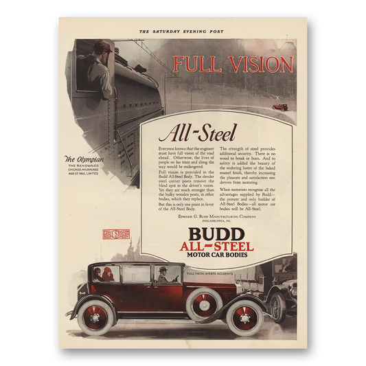 1925 Budd All Steel Motor Car Bodies Full Vision All Steel Vintage Magazine Print Ad