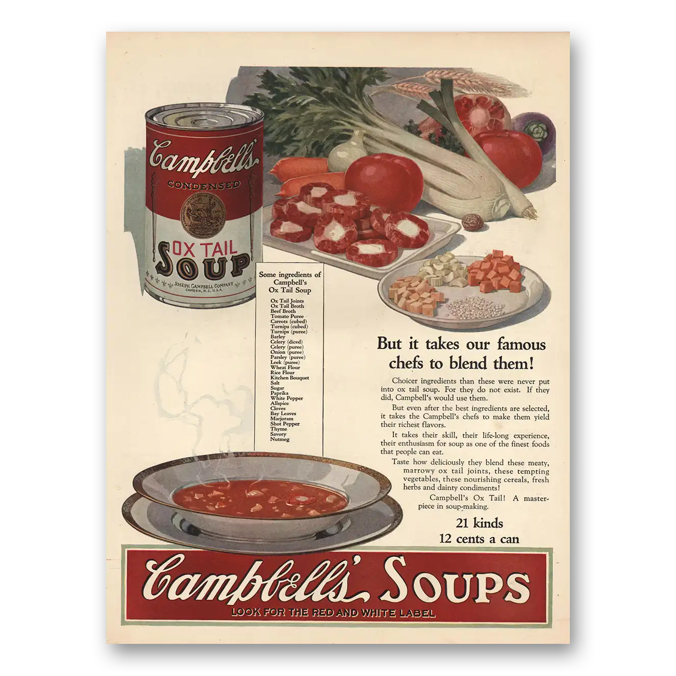 1925 Campbells Ox Tail Soup Famous Chefs Blend Them Vintage Magazine Print Ad