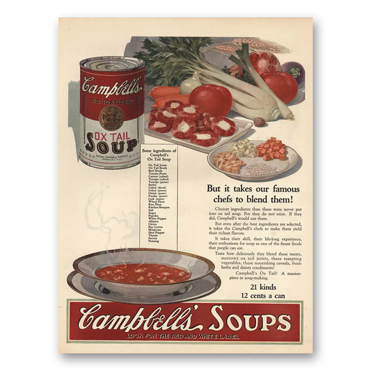 1925 Campbells Ox Tail Soup Famous Chefs Blend Them Vintage Magazine Print Ad