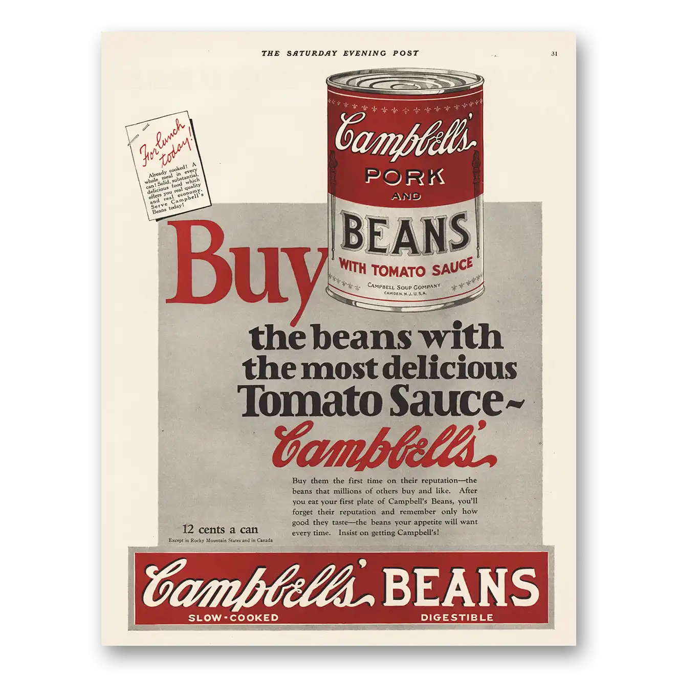 1925 Campbells Pork and Beans Beans With Most Delicious Tomato Sauce Vintage Magazine Print Ad