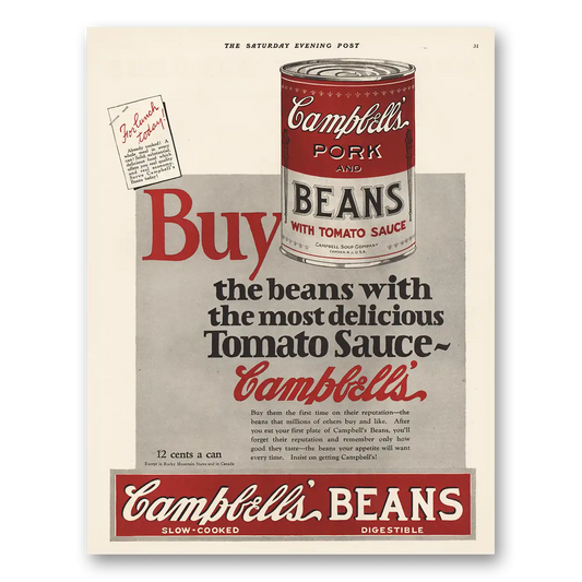 1925 Campbells Pork and Beans Beans With Most Delicious Tomato Sauce Vintage Magazine Print Ad