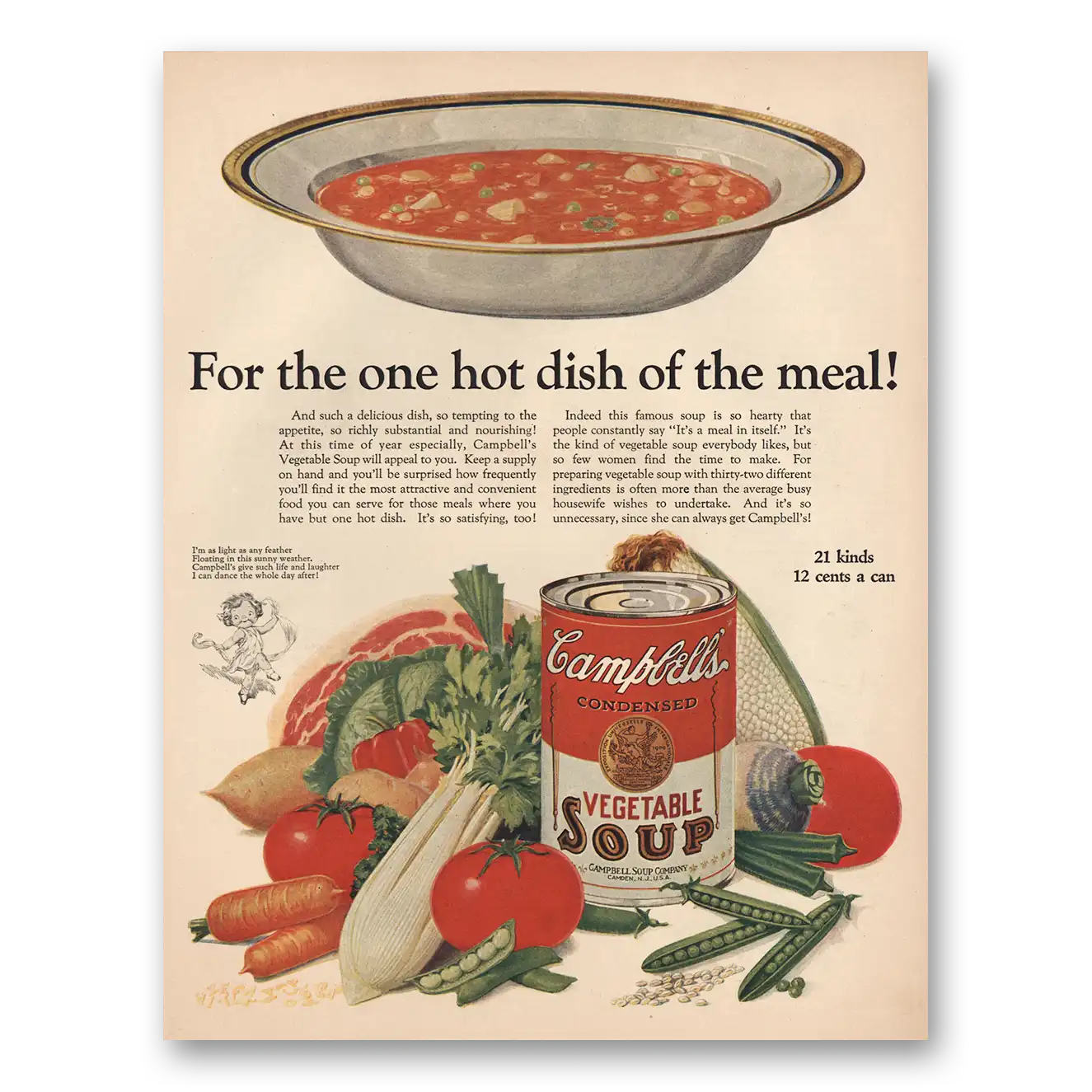 1925 Campbells Vegetable Soup Hot Dish of the Meal Vintage Magazine Print Ad