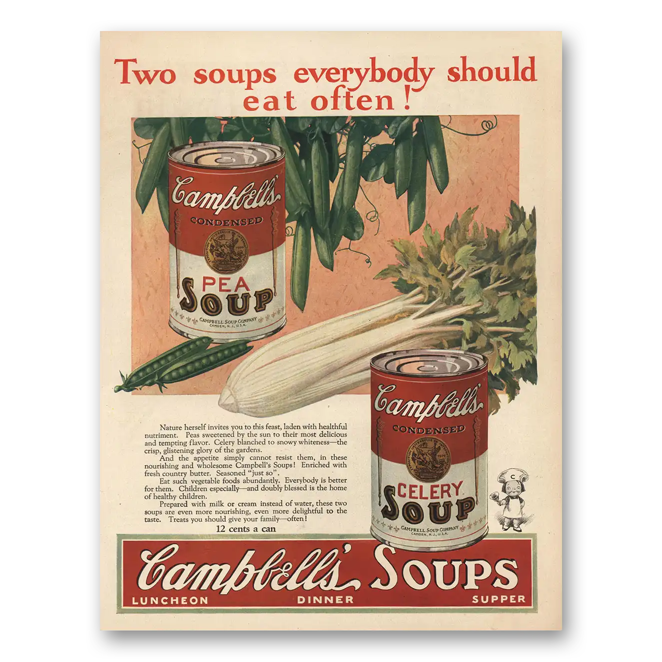 1925 Campbells Pea Soup Everybody Should Eat Often Vintage Magazine Print Ad