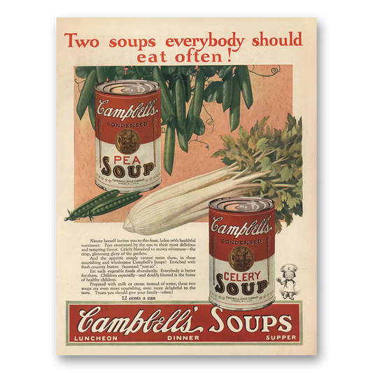 1925 Campbells Pea Soup Everybody Should Eat Often Vintage Magazine Print Ad