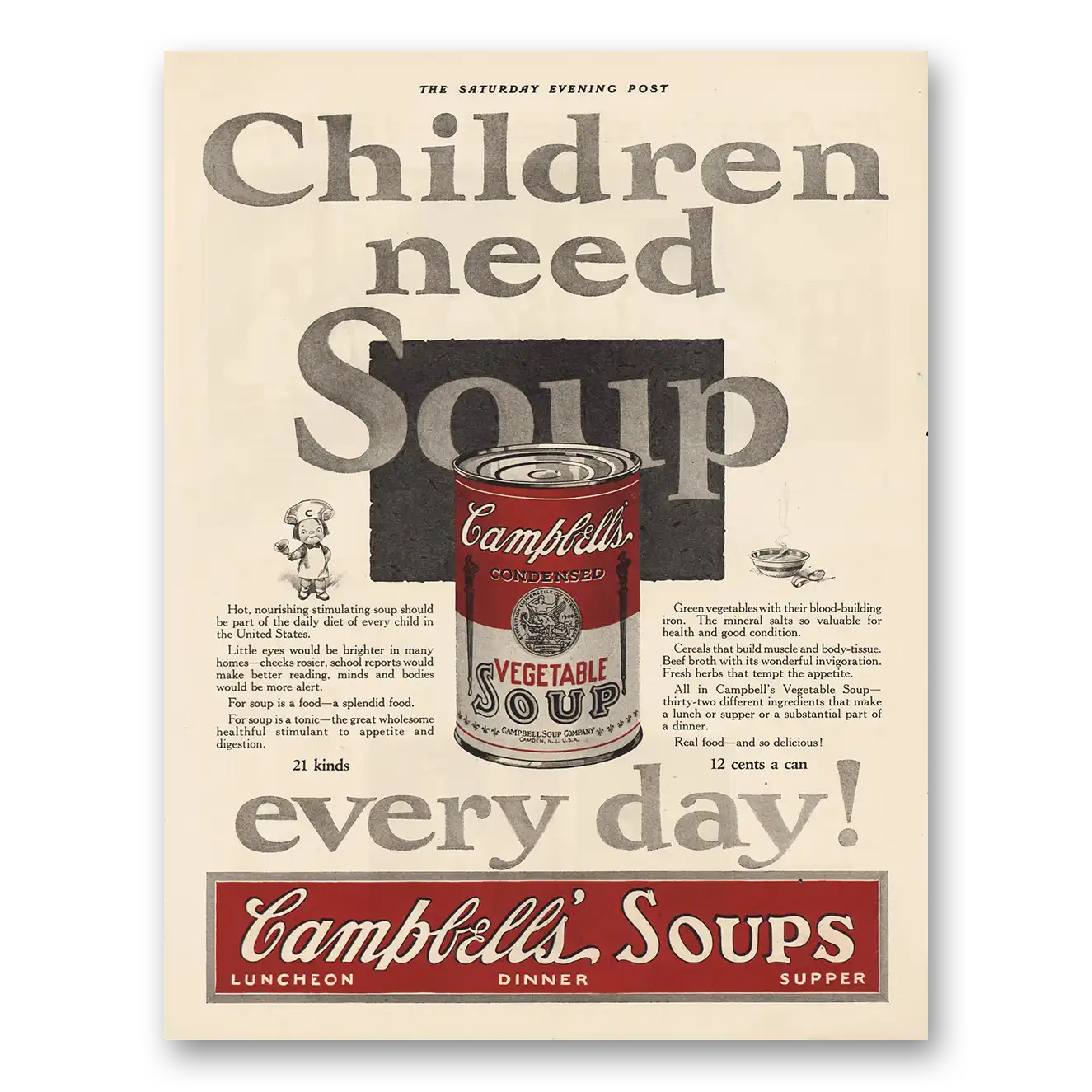 1925 Campbells Vegetable Soup Children Need Soup Vintage Magazine Print Ad