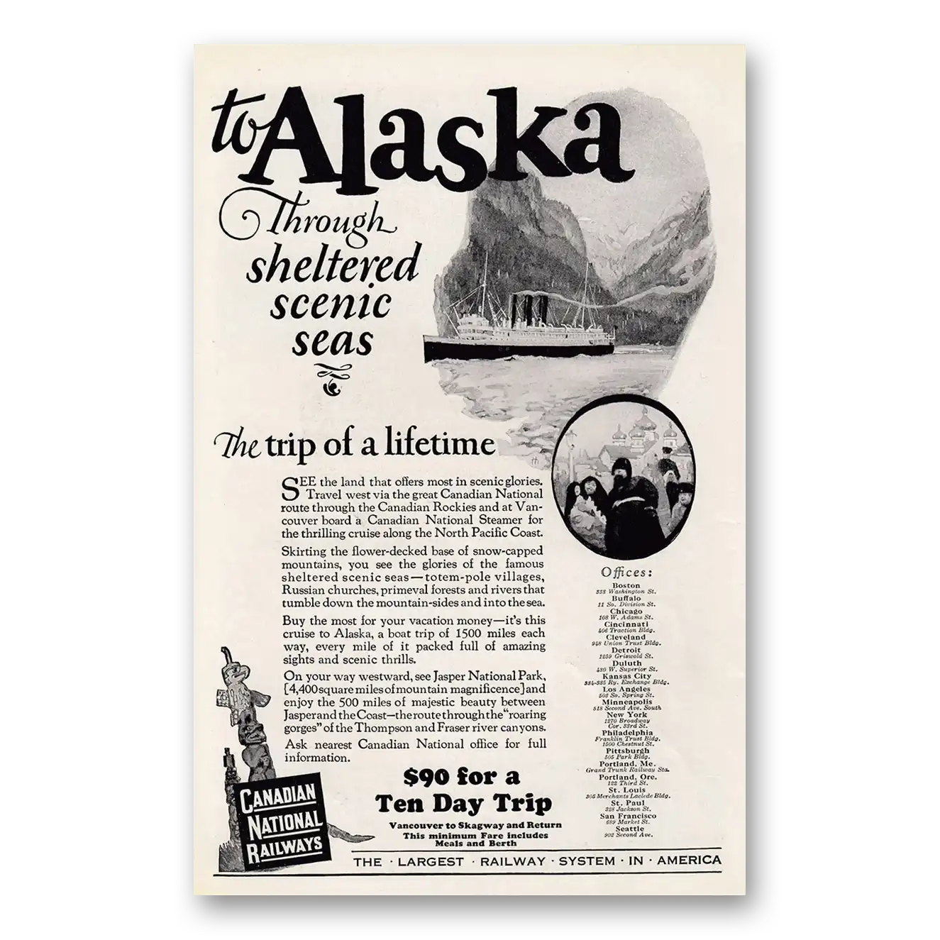 1925 Canadian National Railways Alaska Through Sheltered Scenic Seas Vintage Magazine Print Ad