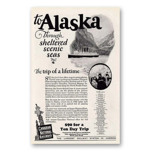 1925 Canadian National Railways Alaska Through Sheltered Scenic Seas Vintage Magazine Print Ad