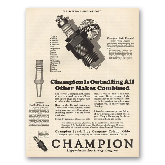 1925 Champion Spark Plugs Outselling All  Other Makes Vintage Magazine Print Ad