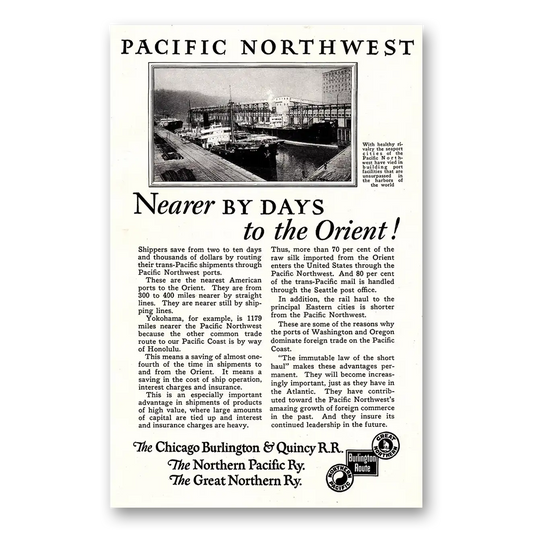 1925 Burlington Route Nearer By Days to the Orient Vintage Magazine Print Ad