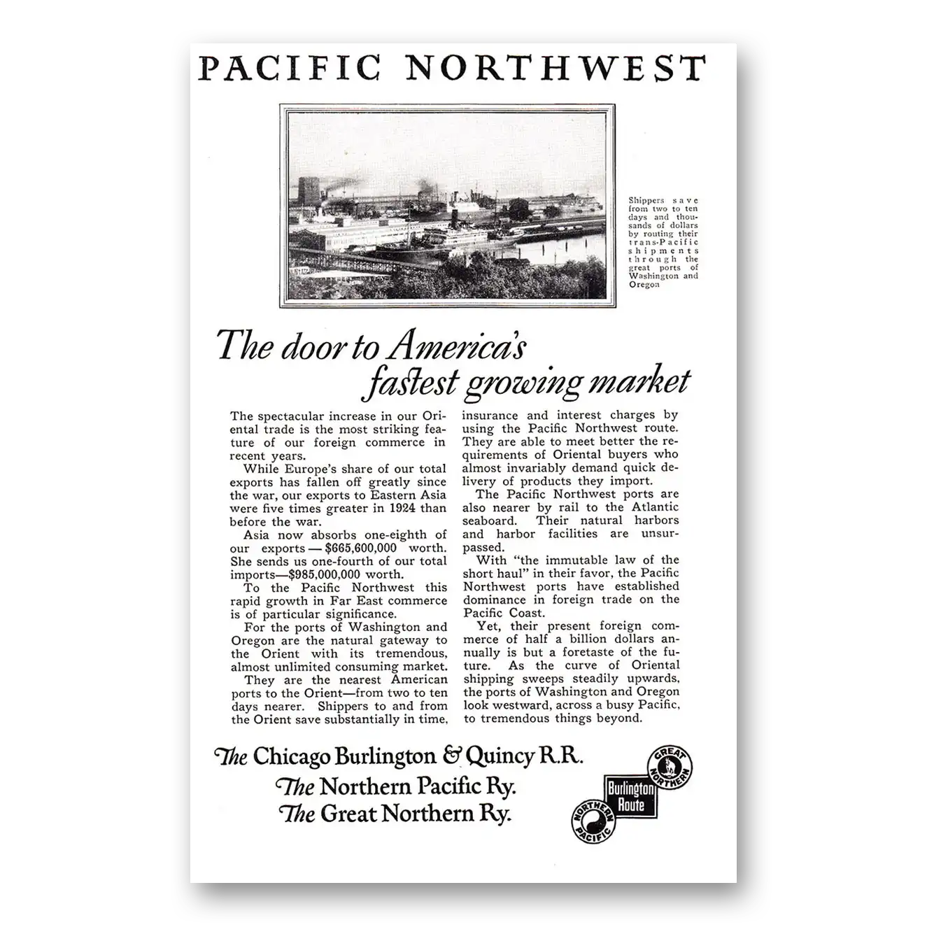 1925 Burlington Route Door to Americas Fastest Growing Market Vintage Magazine Print Ad