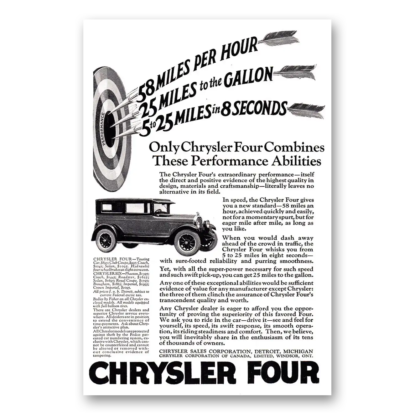 1925 Chrysler Four 58 Miles Per Hour 25 Miles to the Gallon Vintage Magazine Print Ad