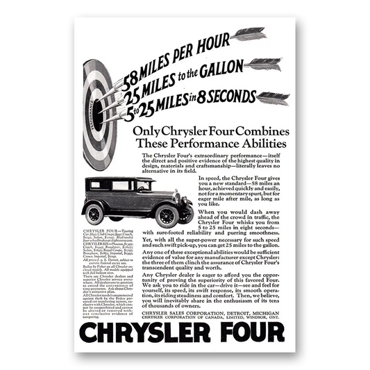 1925 Chrysler Four 58 Miles Per Hour 25 Miles to the Gallon Vintage Magazine Print Ad