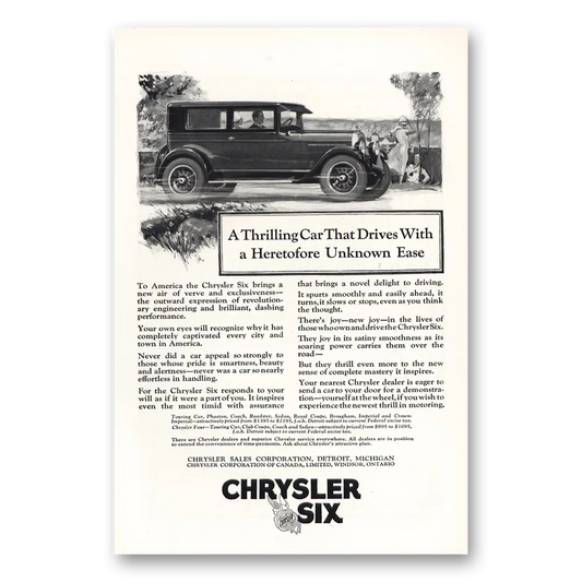 1925 Chrysler Six Thrilling Car That Drives With a Heretofore Unknown Ease Vintage Magazine Print Ad