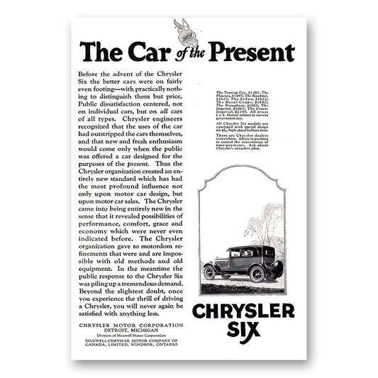 1925 Chrysler Six Car of the Present Vintage Magazine Print Ad