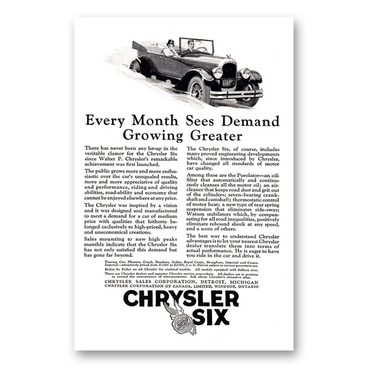 1925 Chrysler Six Every Month Sees Demand Growing Greater Vintage Magazine Print Ad