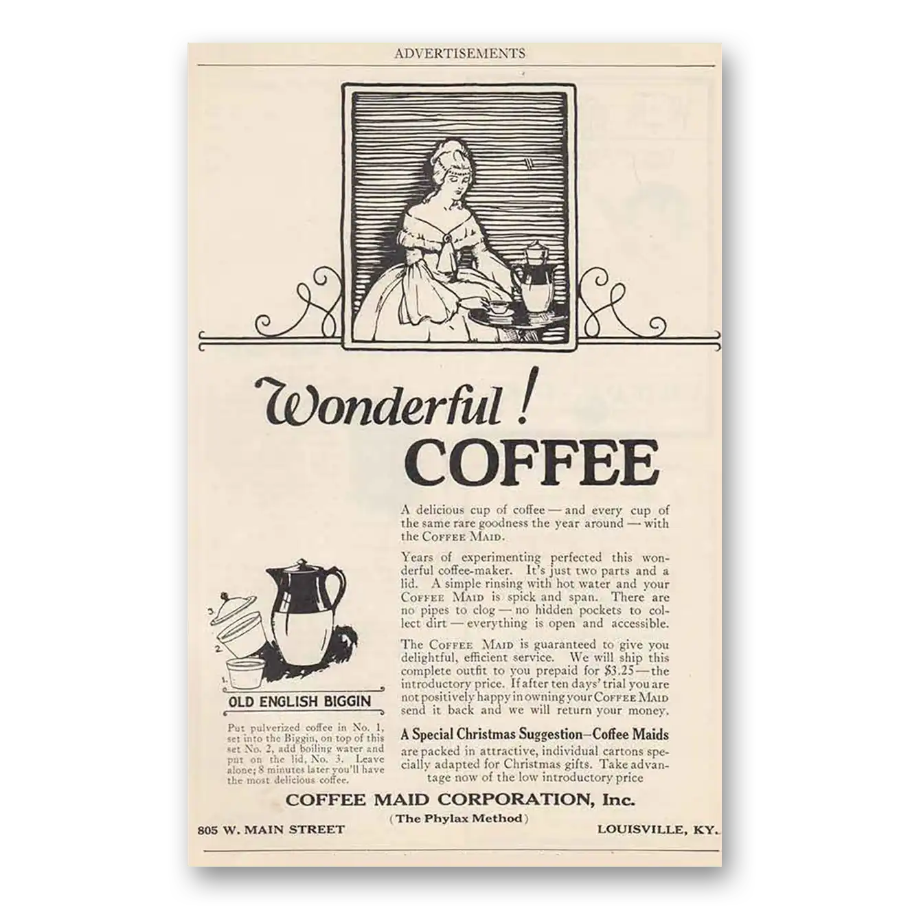 1925 Coffee Maid Corporation Old English Biggin Vintage Magazine Print Ad