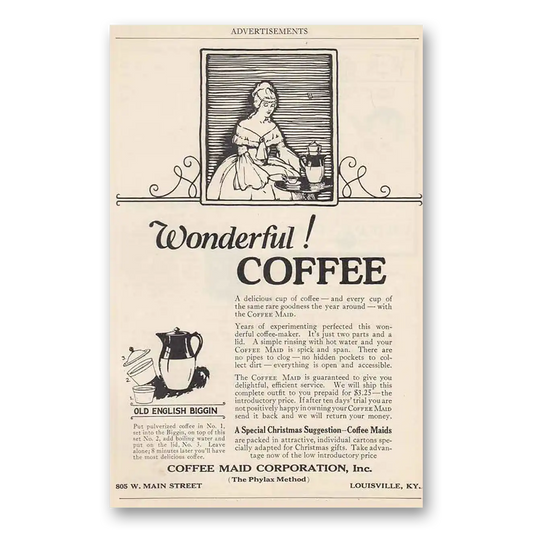 1925 Coffee Maid Corporation Old English Biggin Vintage Magazine Print Ad