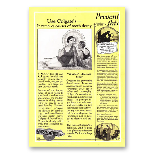 1925 Colgate Dental Cream Removes Causes of Tooth Decay Vintage Magazine Print Ad