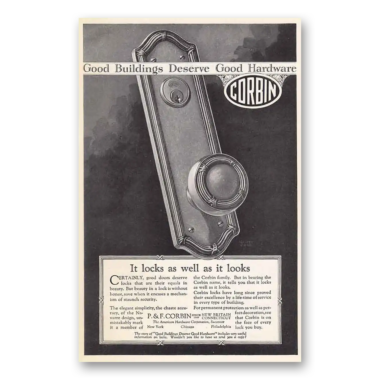 1925 P & F Corbin Locks As Well As It Looks Vintage Magazine Print Ad