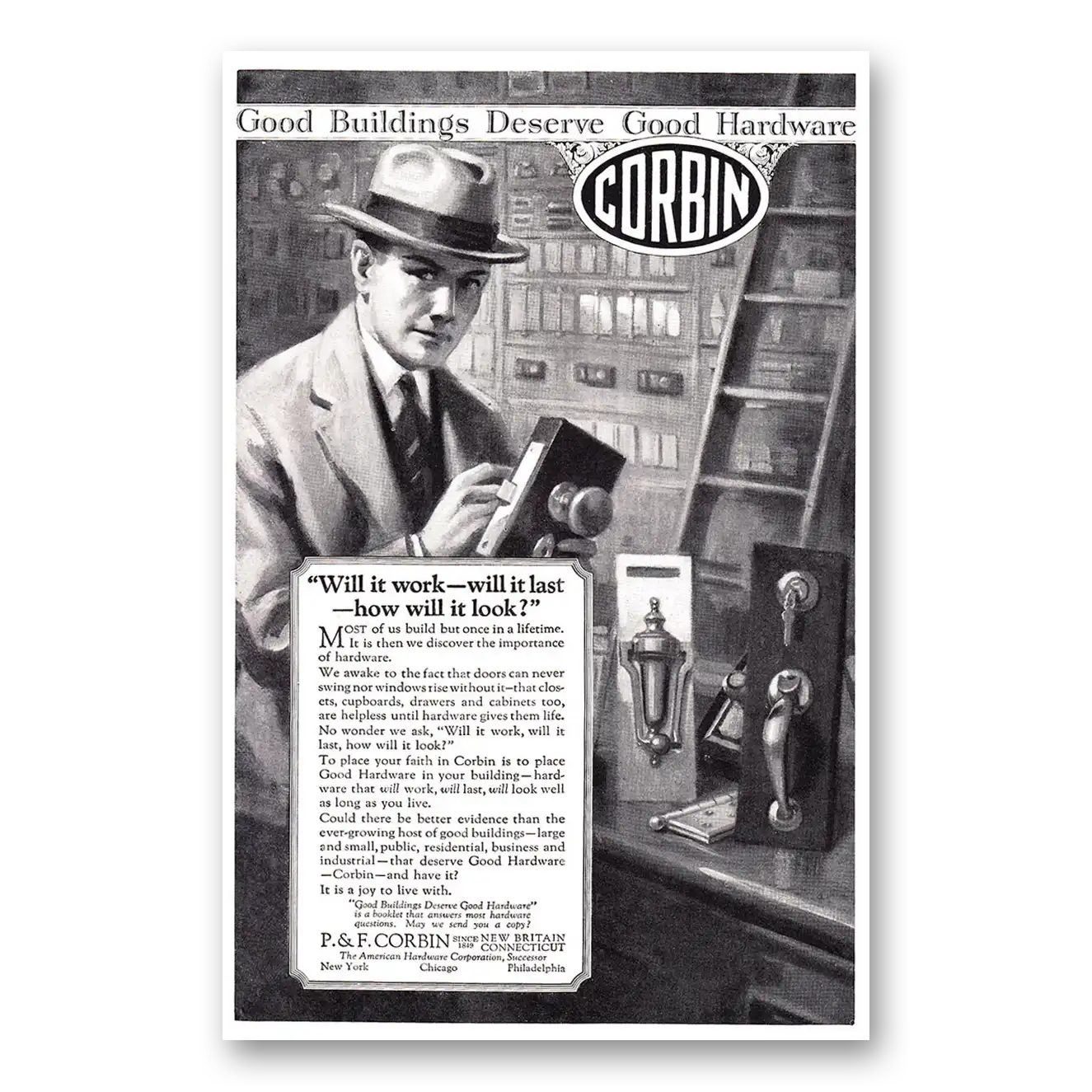 1925 P & F Corbin Will It Work Will It Last How Will It Look Vintage Magazine Print Ad