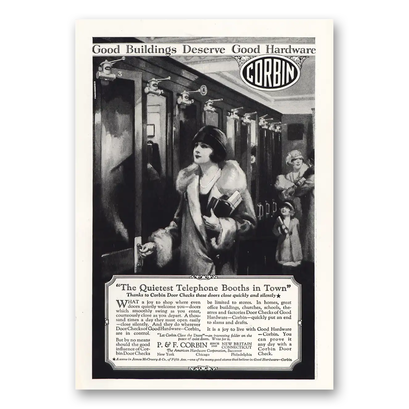 1925 P & F Corbin Quietest Telephone Booths In Town Vintage Magazine Print Ad