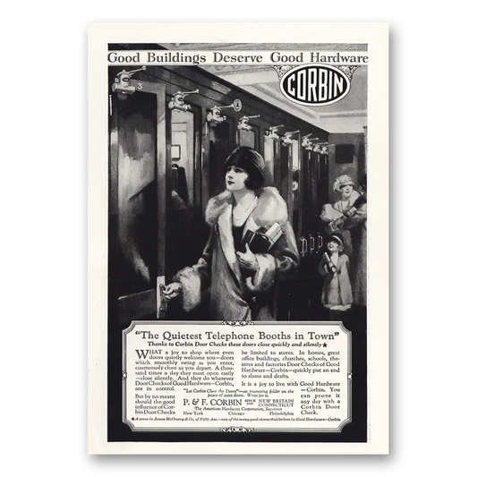 1925 P & F Corbin Quietest Telephone Booths In Town Vintage Magazine Print Ad