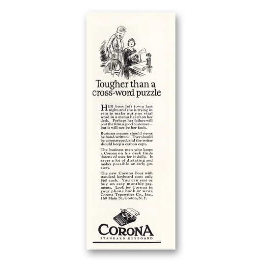 1925 Corona Typewriter Tougher Than a Cross Word Puzzle Vintage Magazine Print Ad