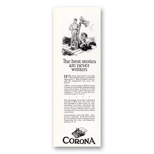 1925 Corona Typewriter Best Stories Are Never Written Vintage Magazine Print Ad