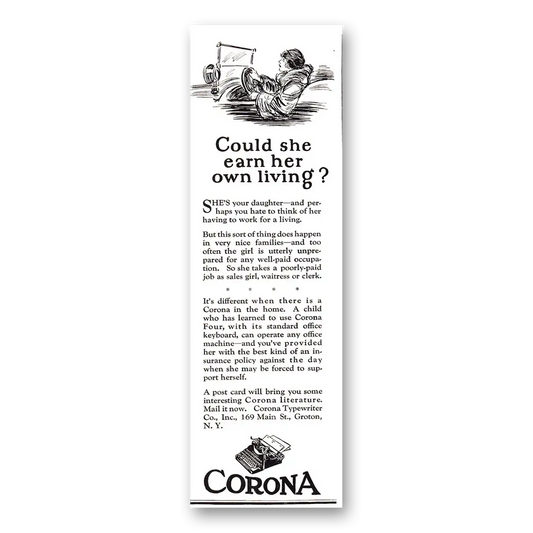 1925 Corona Typewriter Could She Earn Her Own Living Vintage Magazine Print Ad