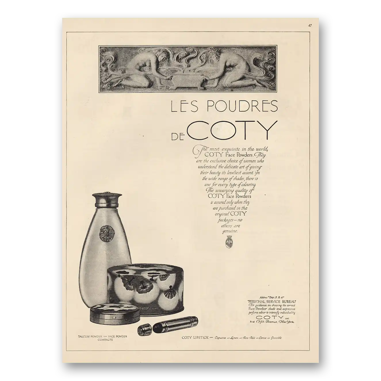 1925 Coty Cosmetics Les Poudres de Coty Vintage Magazine Print Ad