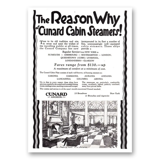 1925 Cunard Reason Why of Cunard Cabin Steamers Vintage Magazine Print Ad