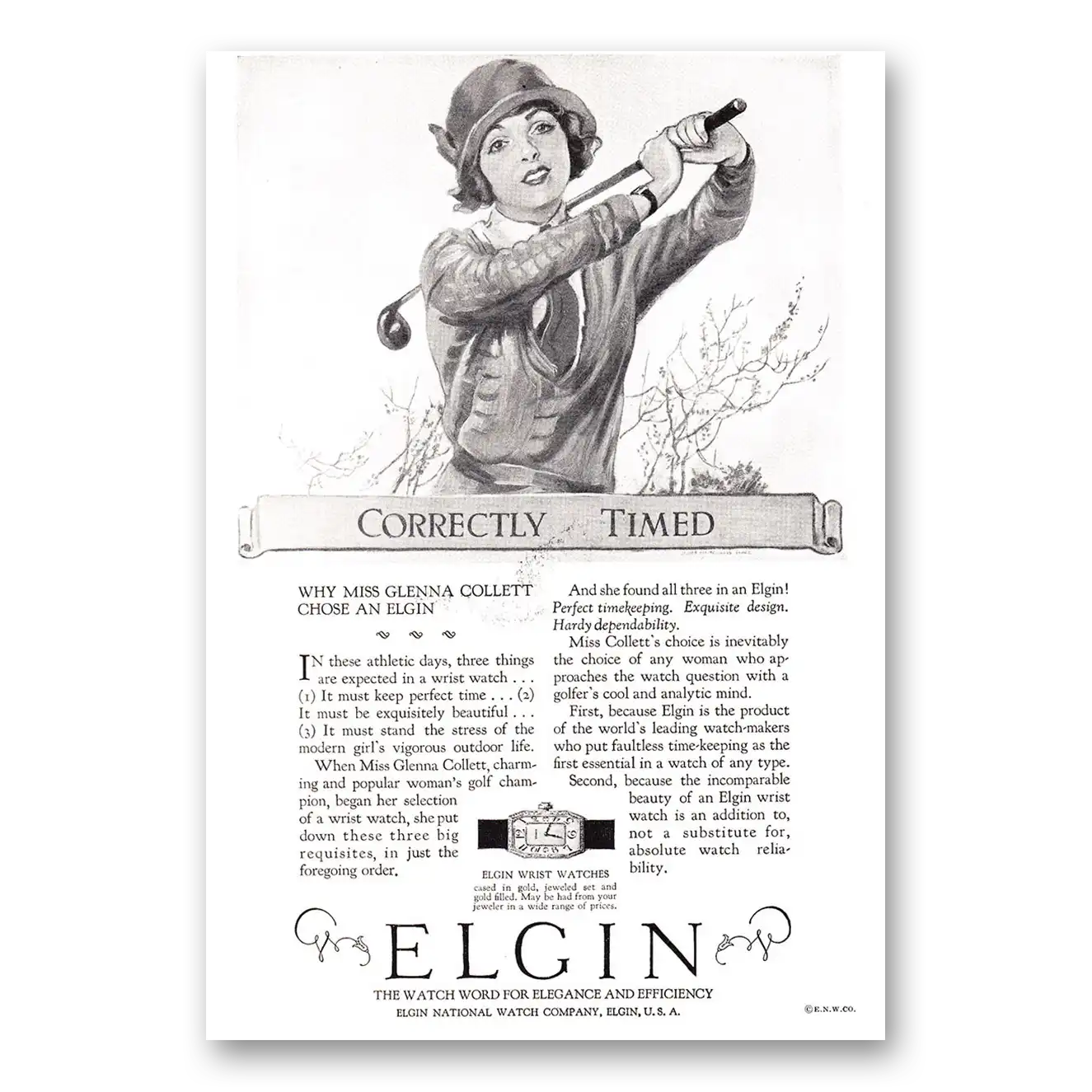 1925 Elgin Watch Correctly Timed Miss Glenna Collett Vintage Magazine Print Ad