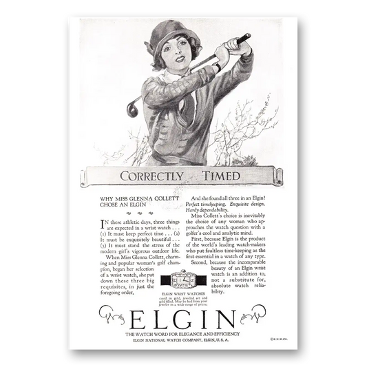 1925 Elgin Watch Correctly Timed Miss Glenna Collett Vintage Magazine Print Ad