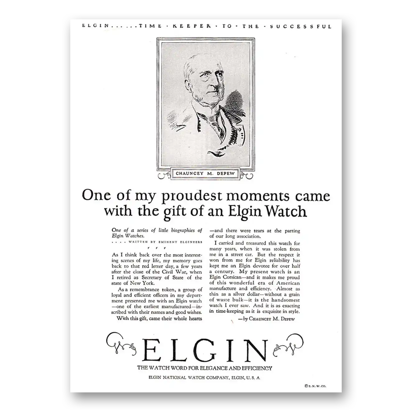 1925 Elgin Watch Chauncey M Depew One of My Proudest Moments Vintage Magazine Print Ad