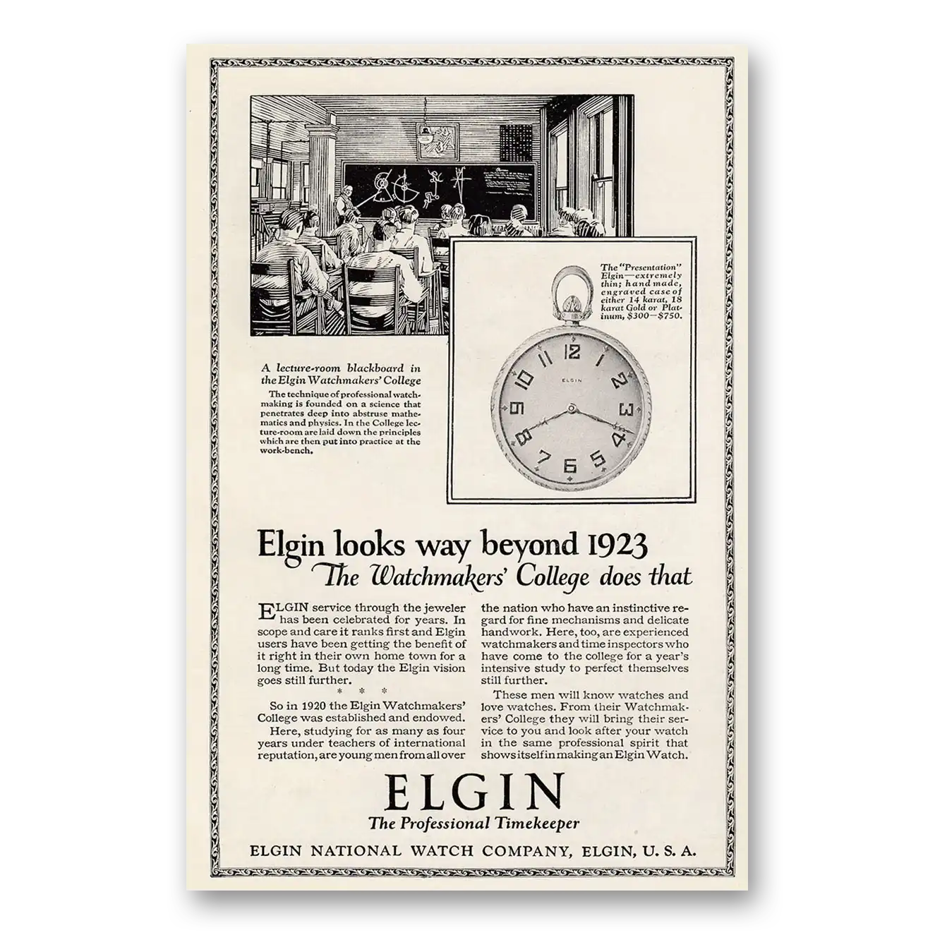 1925 Elgin Watch Looks Way Beyond 1923 Watchmakers College Vintage Magazine Print Ad