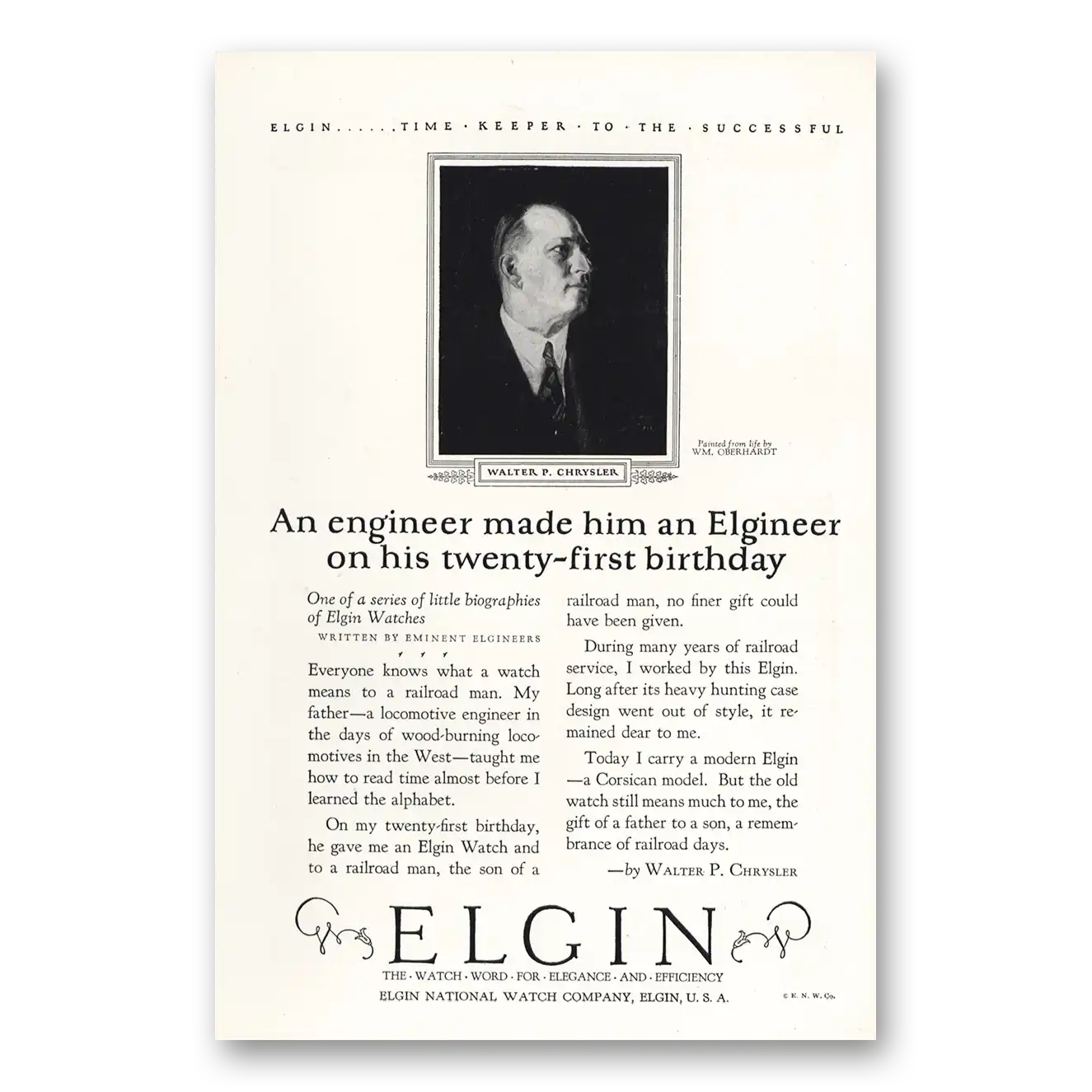 1925 Elgin Watch An Engineer Made Him an Elgineer Walter Chrysler Vintage Magazine Print Ad