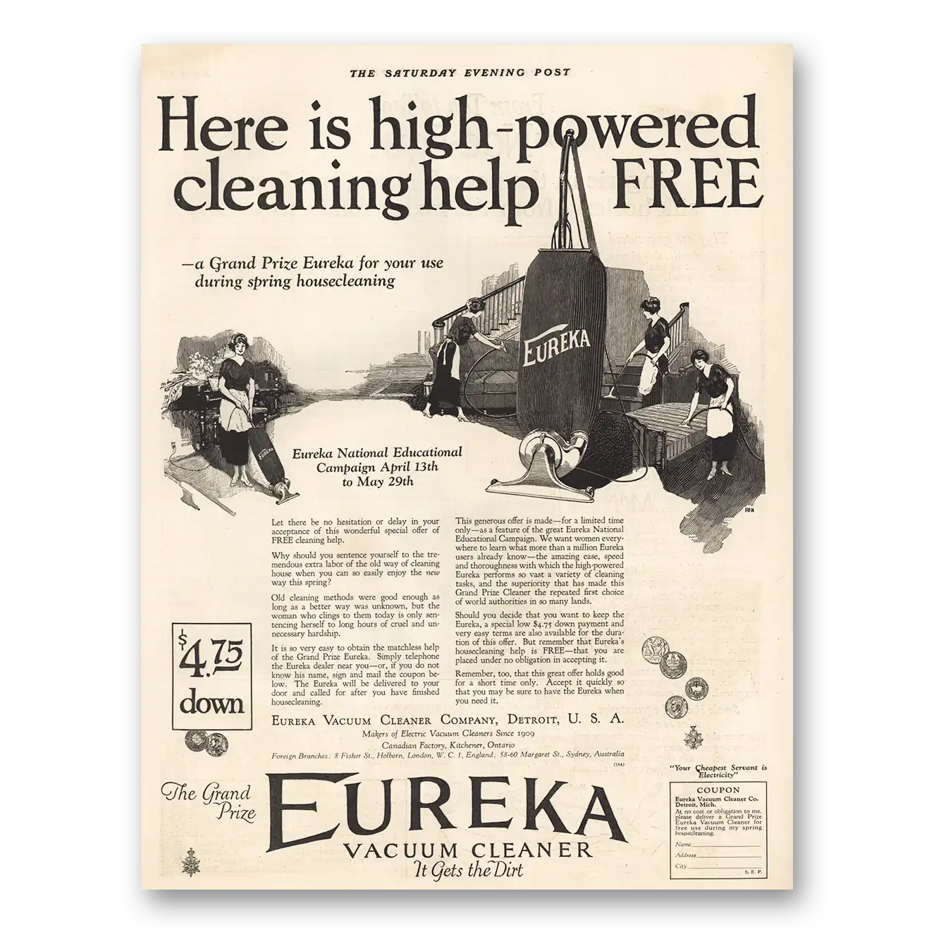 1925 Eureka Vacuum Cleaner High Powered Cleaning Help Vintage Magazine Print Ad