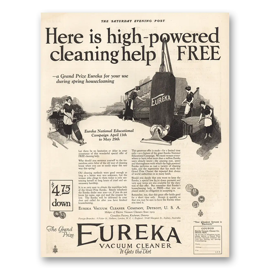 1925 Eureka Vacuum Cleaner High Powered Cleaning Help Vintage Magazine Print Ad