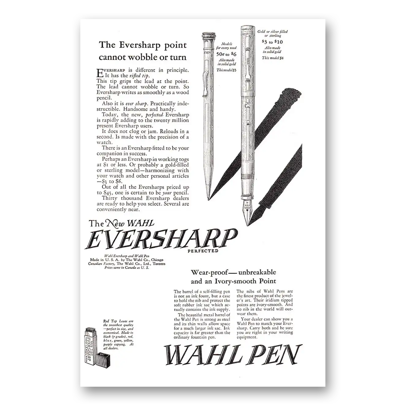 1925 Wahl Eversharp Point Cannot Wobble or Turn Vintage Magazine Print Ad