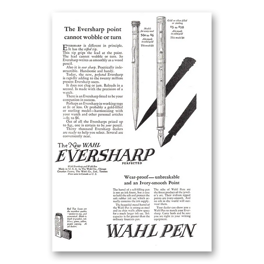 1925 Wahl Eversharp Point Cannot Wobble or Turn Vintage Magazine Print Ad