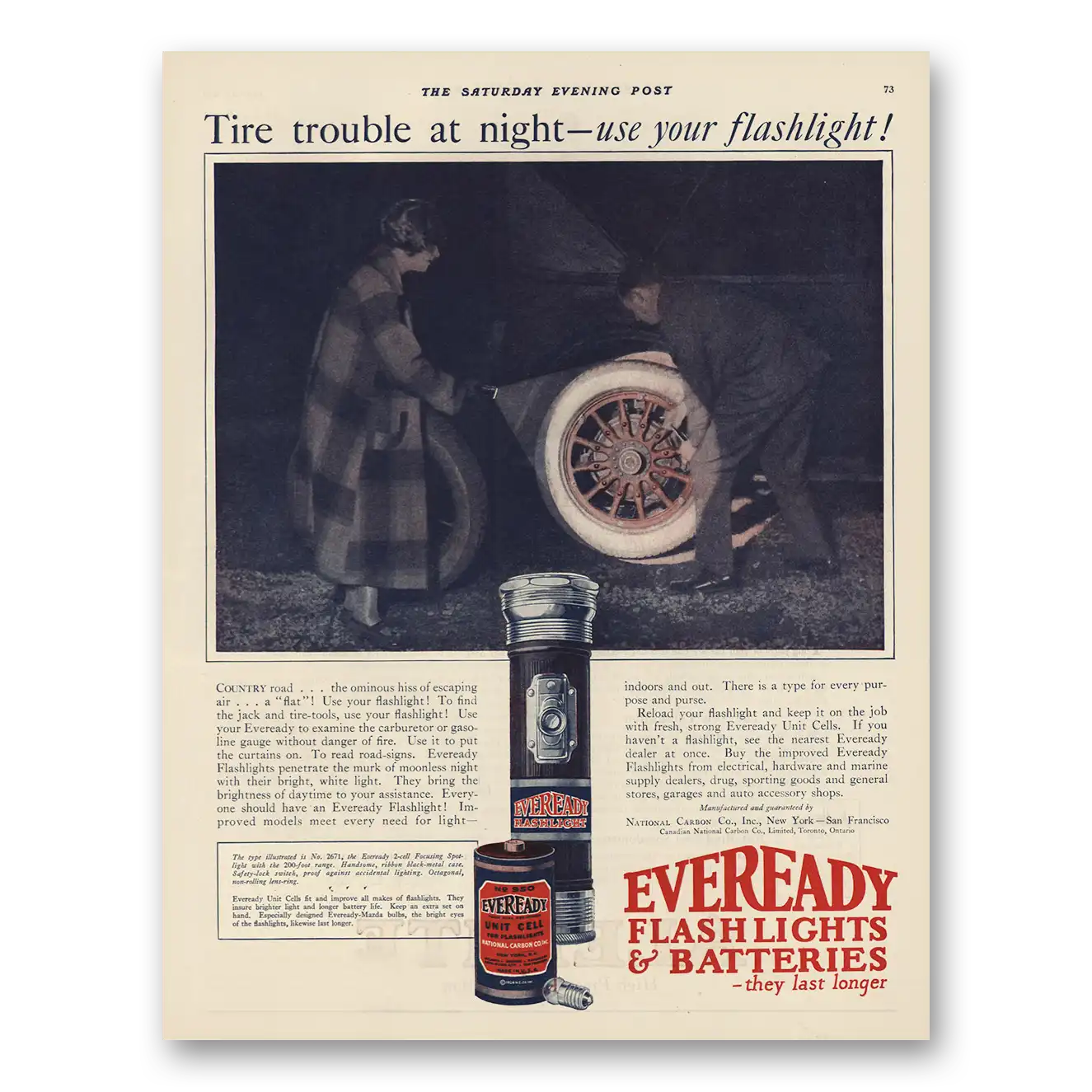 1925 Eveready Batteries Trouble at Night Use Flashlight Vintage Magazine Print Ad