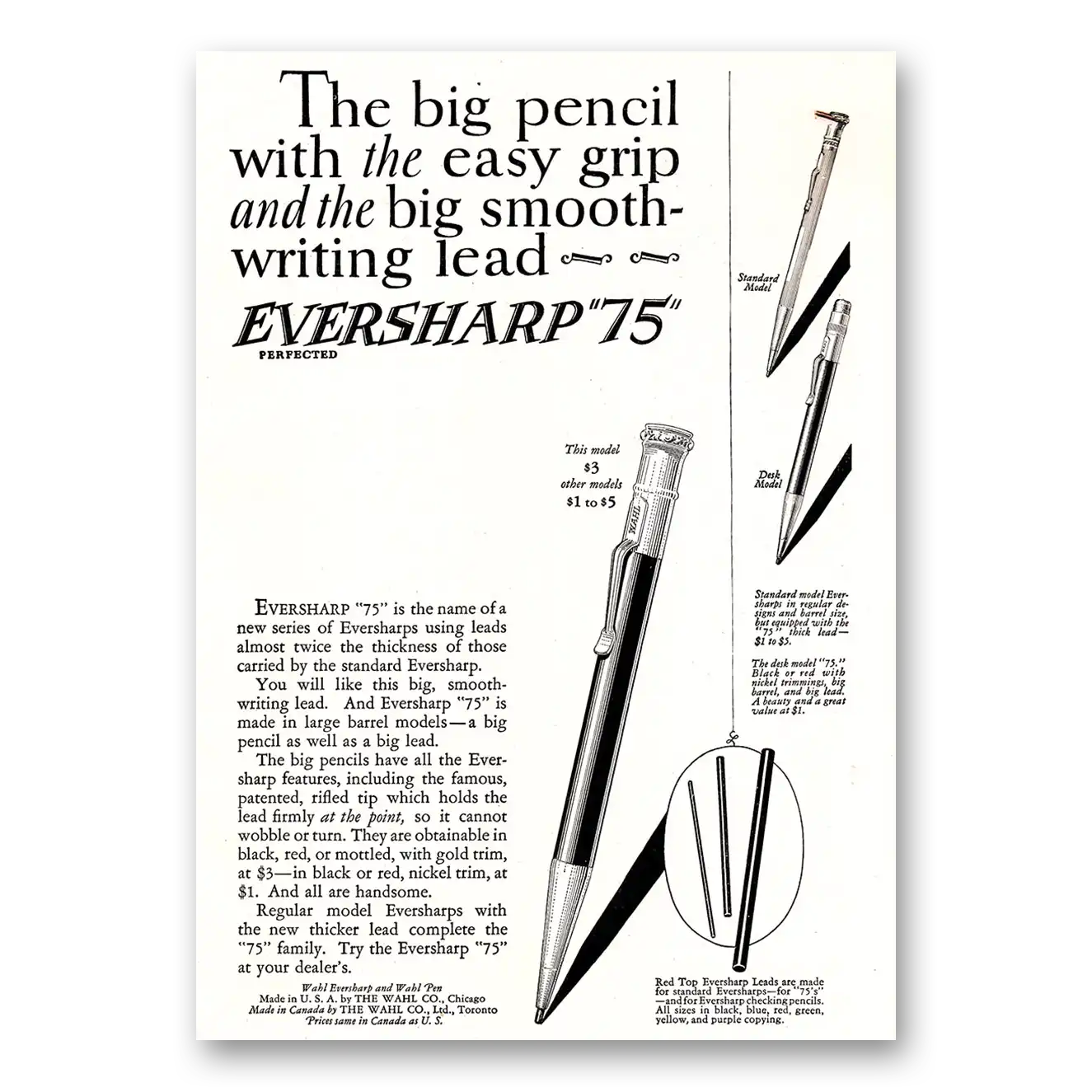 1925 Wahl Eversharp Big Pencil with The Easy Grip Vintage Magazine Print Ad