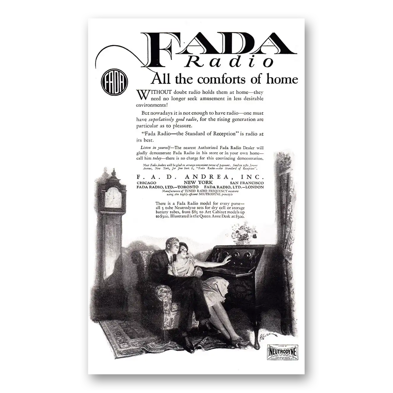 1925 Fada Radio All the Comforts of Home Vintage Magazine Print Ad