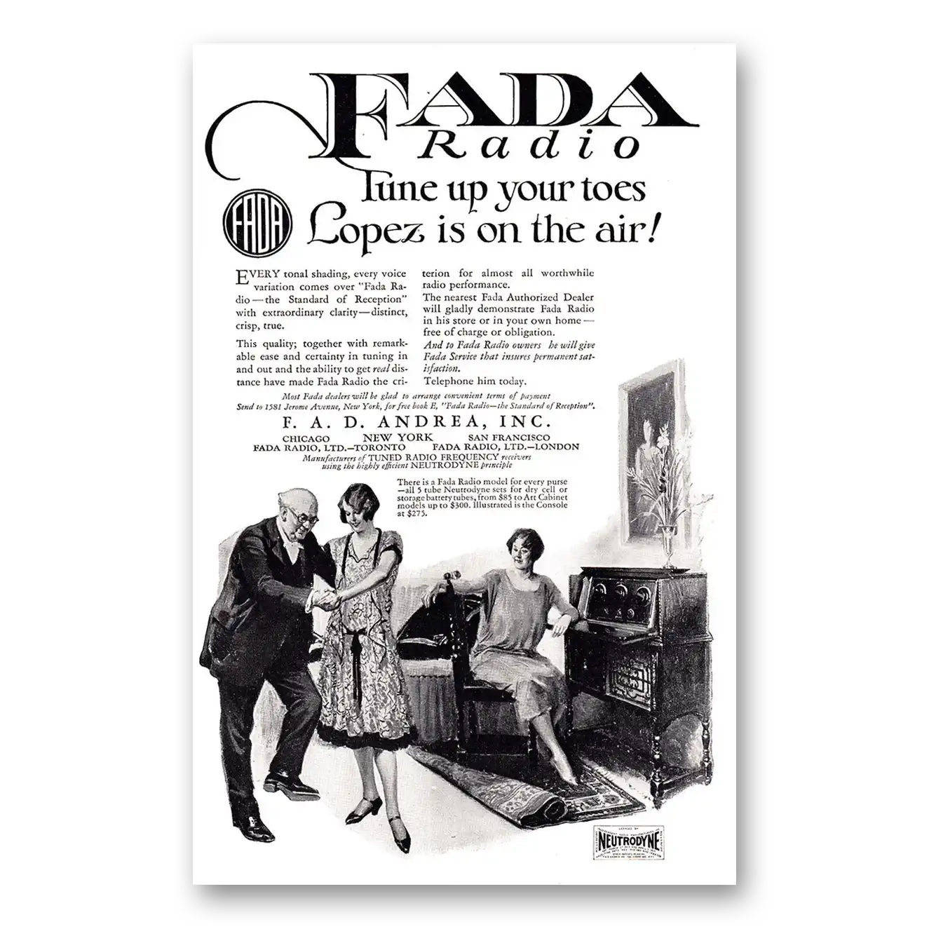 1925 Fada Radio Tune Up Your Toes Lopez Is On The Air Vintage Magazine Print Ad