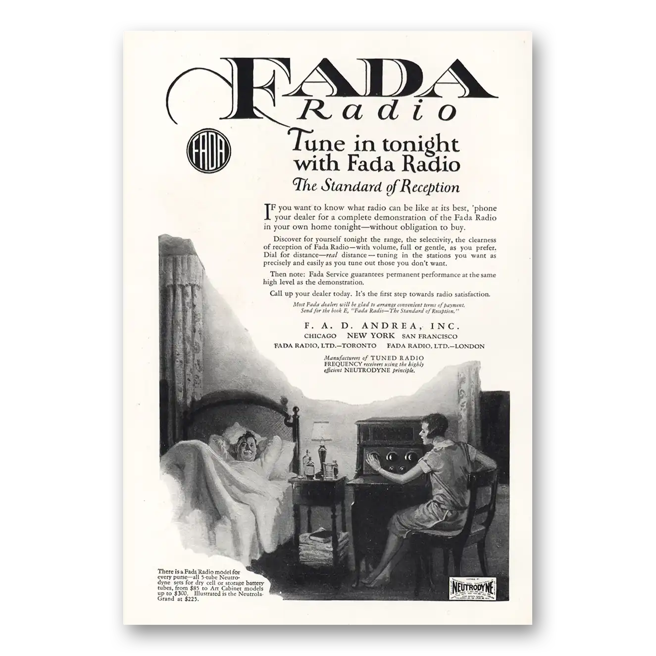 1925 Fada Radio Tune in Tonight with Fada Radio Vintage Magazine Print Ad