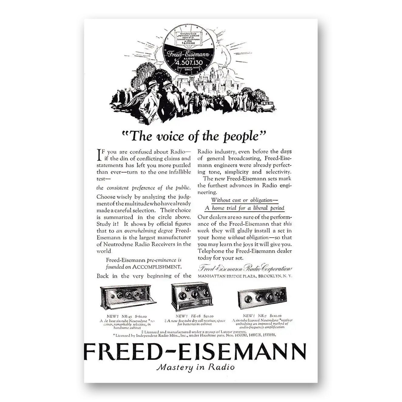 1925 Freed Eisemann Radio Voice of the People Vintage Magazine Print Ad