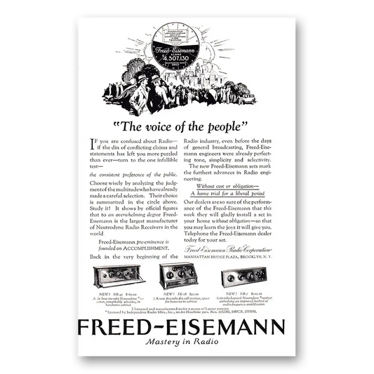 1925 Freed Eisemann Radio Voice of the People Vintage Magazine Print Ad