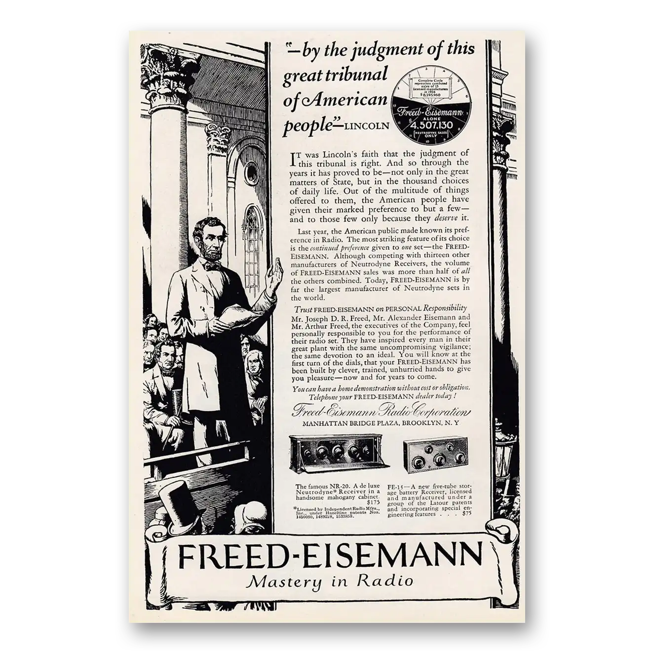 1925 Freed Eisemann Radio Mastery in Radio Abraham Lincoln Vintage Magazine Print Ad