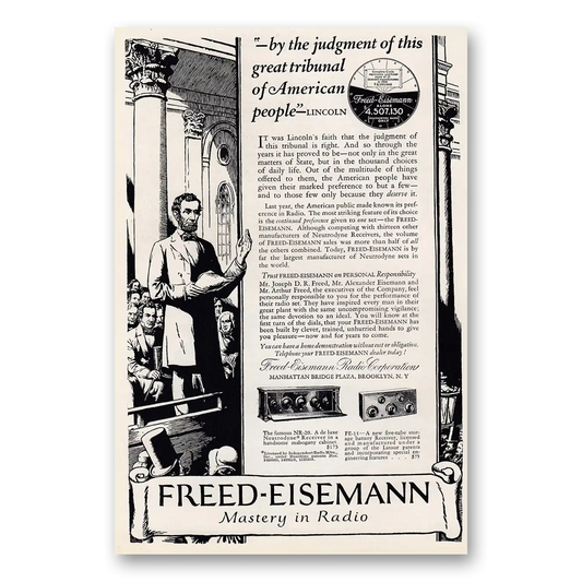 1925 Freed Eisemann Radio Mastery in Radio Abraham Lincoln Vintage Magazine Print Ad